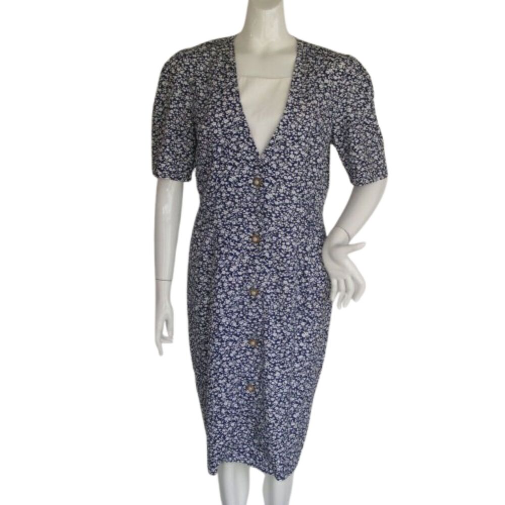 MS. BASIA Dress, VINTAGE 10, Blue Floral, Golden buttons, Short sleeve, Insert - Picture 9 of 14